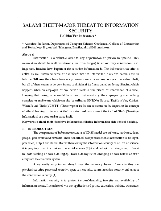 (DOC) SALAMI THEFTMAJOR THREAT TO INFORMATION SECURITY lalitha