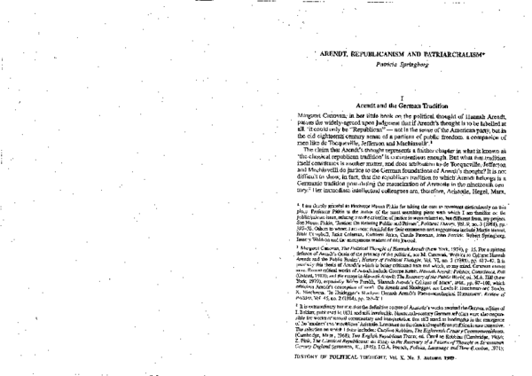 (PDF) Arendt, Republicanism and Patriarchalism, HPT 1989