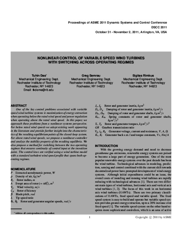 (PDF) Nonlinear Control of Variable Speed Wind Turbines with Swithcing ...