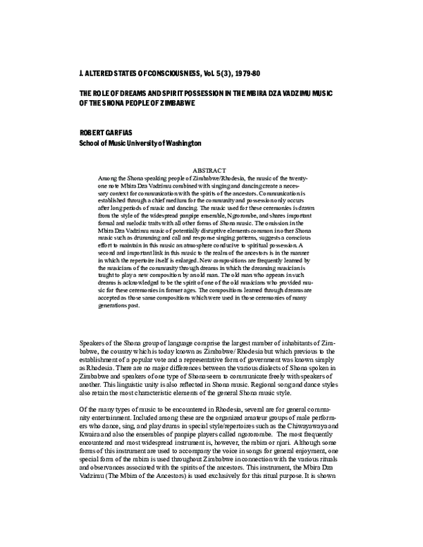 (PDF) The Role of Dreams and Spirit Possesion in the Mbira dza Vadzimu