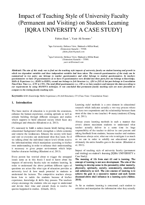 (PDF) Impact of Teaching Style of University Faculty (Permanent and ...