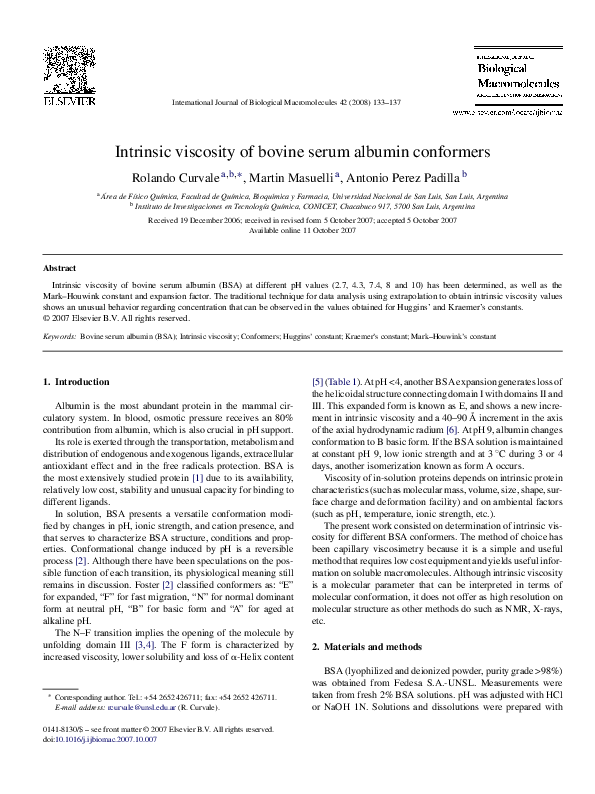 (PDF) Intrinsic viscosity of bovine serum albumin conformers Martin