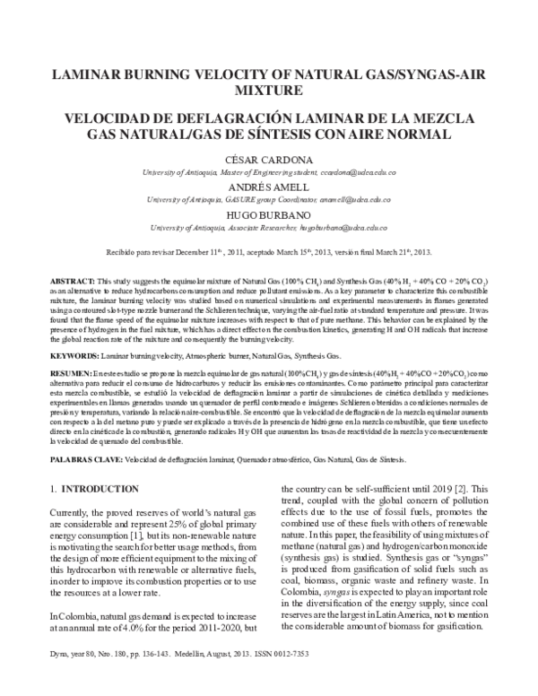 (PDF) LAMINAR BURNING VELOCITY OF NATURAL GAS-SYNGAS-AIR MIXTURE
