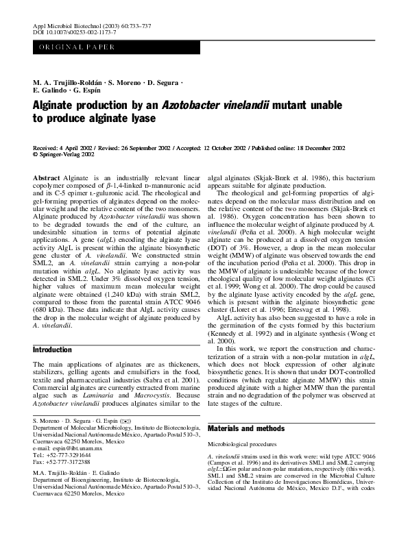 (PDF) Alginate production by an Azotobacter vinelandii mutant unable to ...