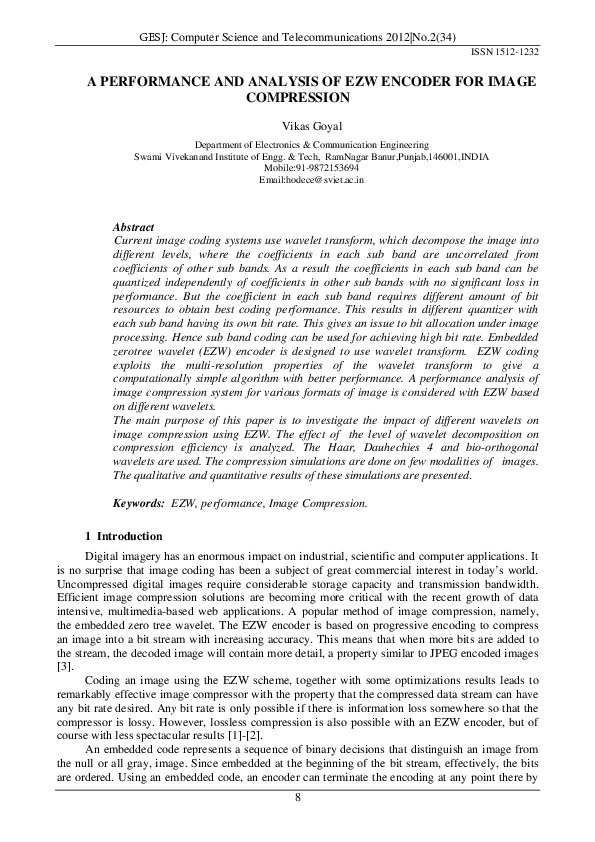 (PDF) A PERFORMANCE AND ANALYSIS OF EZW ENCODER FOR IMAGE COMPRESSION