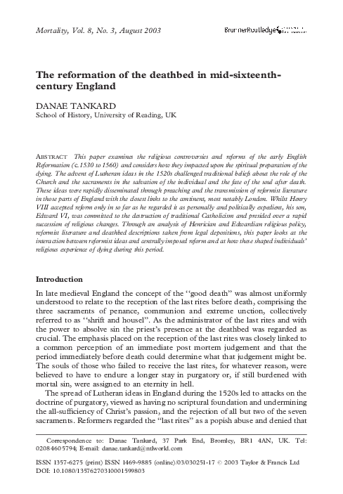 Pdf The Reformation Of The Deathbed In Mid Sixteenth Century England Danae Tankard Academia Edu