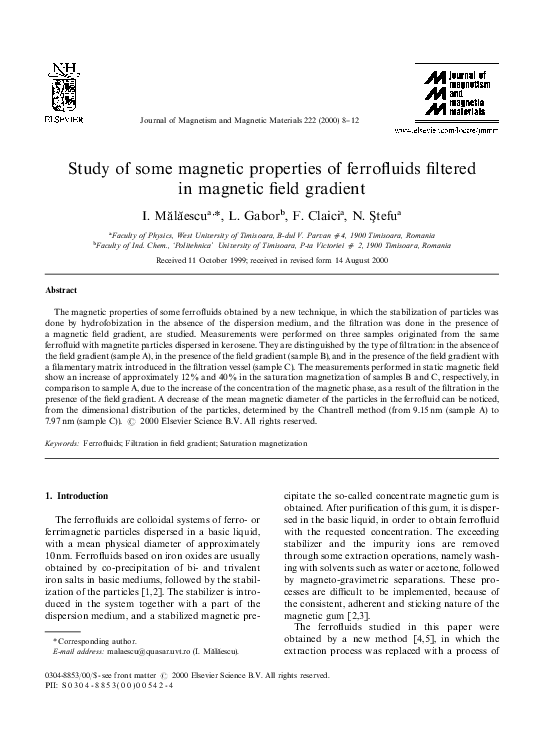 (PDF) Study of some magnetic properties of ferrofluids filtered in ...