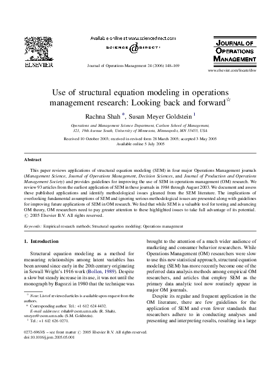 (PDF) Use of structural equation modeling in operations management ...