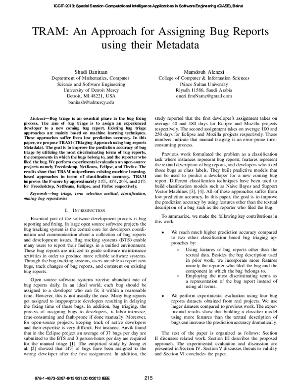(PDF) TRAM: An Approach for Assigning Bug Reports using their Metadata