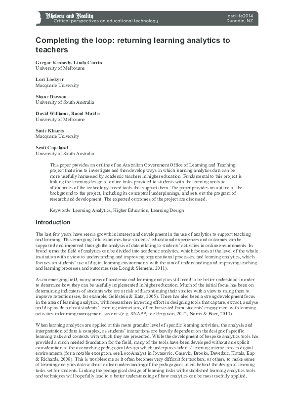(PDF) Completing the loop: returning learning analytics to teachers