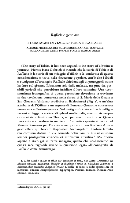 I compagni di viaggio Tobia e Raffaele: alcune precisazioni sull'iconografia di Raffaele 'arcangelo' come protettore e taumaturgo