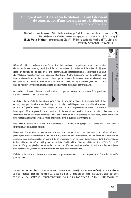 Pdf Un Regard Interactionnel Sur La Citation Un Outil Discursif De Construction D Une Communaute Plurilingue Et Pluriculturelle En Ligne Maddalena De Carlo Academia Edu
