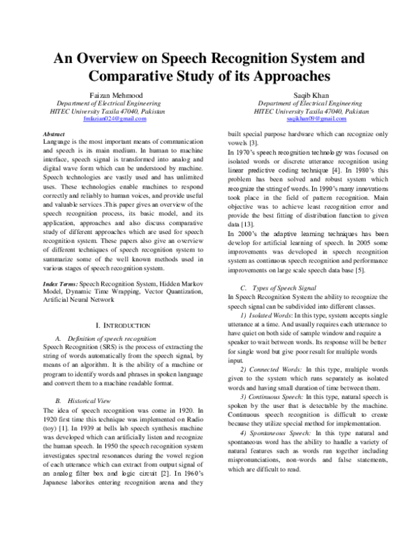 (PDF) An Overview on Speech Recognition System and Comparative Study of ...
