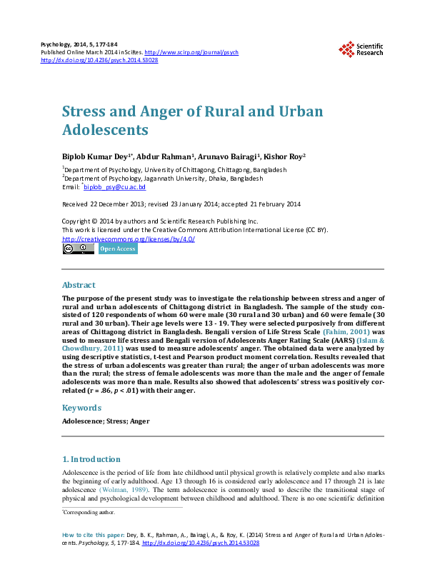 (PDF) Stress and Anger of Rural and Urban Adolescents