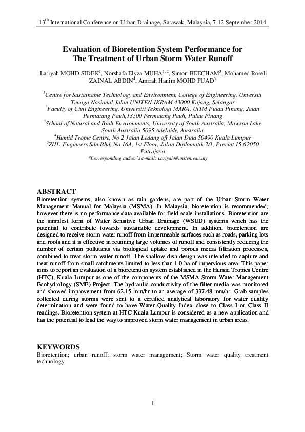 (PDF) Evaluation of Bioretention System Performance for The Treatment ...