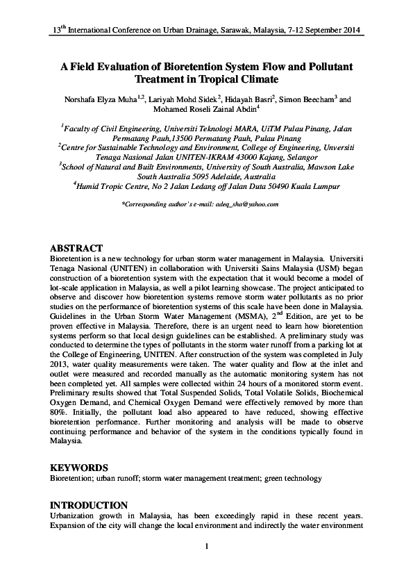 (PDF) A Field Evaluation of Bioretention System Flow and Pollutant ...