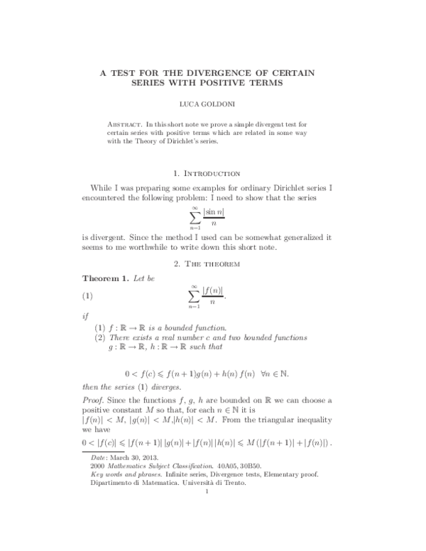 A TEST FOR THE DIVERGENCE OF CERTAIN SERIES WITH POSITIVE TERMS