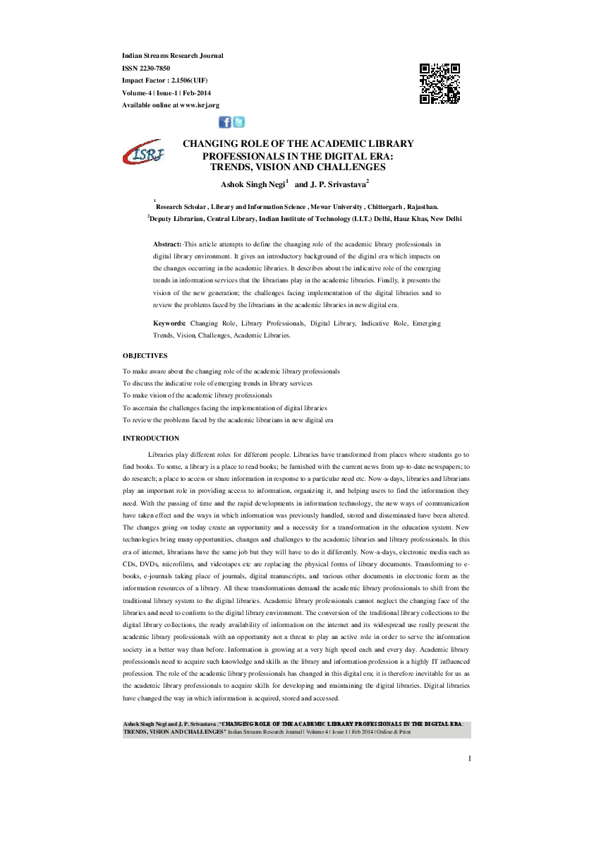 PDF) CHANGING ROLE OF THE ACADEMIC LIBRARY PROFESSIONALS IN THE DIGITAL  ERA: TRENDS, VISION AND CHALLENGES | Dr. Ashok Singh Negi - Academia.edu