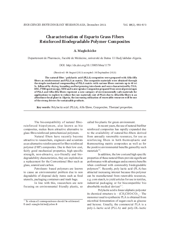 (PDF) Characterisation of Esparto Grass Fibers Reinforced Biodegradable Polymer Composites