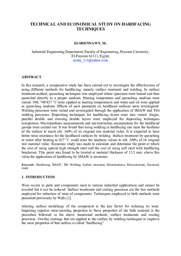 (PDF) TECHNICAL AND ECONOMICAL STUDY ON HARDFACING TECHNIQUES Mohamed