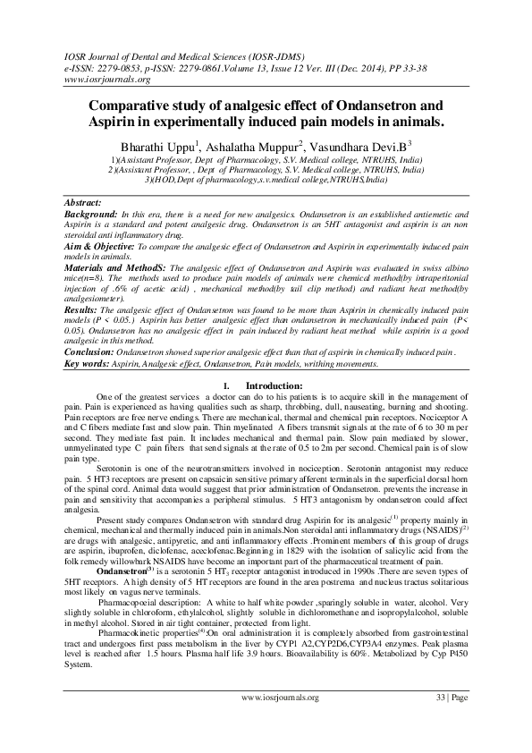 (PDF) Comparative study of analgesic effect of Ondansetron and Aspirin