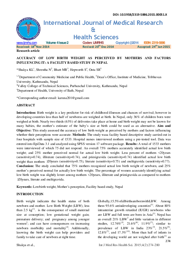 (PDF) ACCURACY OF LOW BIRTH WEIGHT AS PERCEIVED BY MOTHERS AND FACTORS