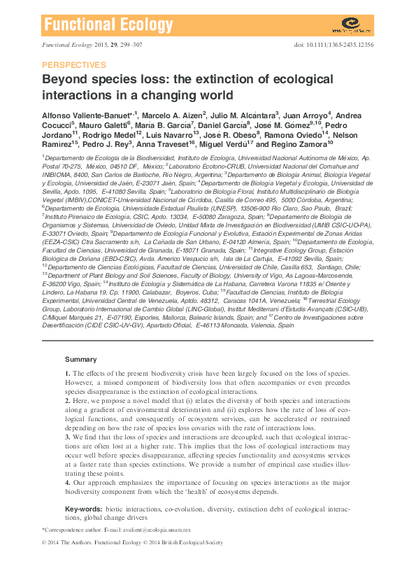 (PDF) Beyond species loss: the extinction of ecological interactions in ...