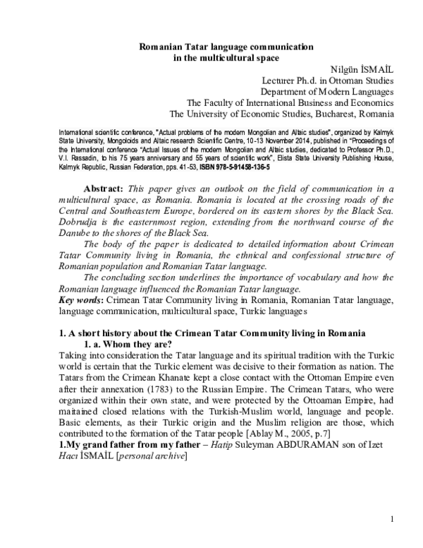 (PDF) Romanian Tatar language communication in the multicultural space