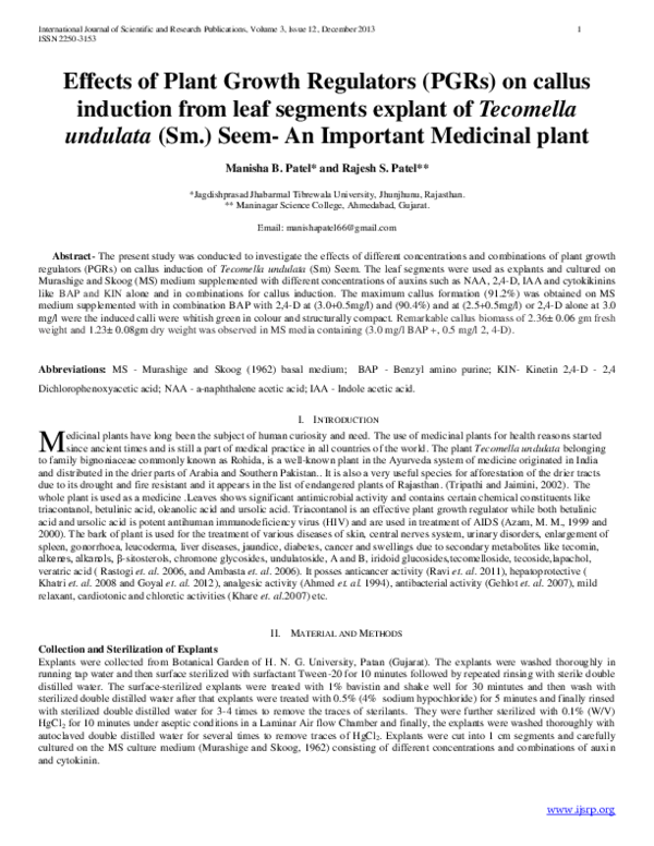 (PDF) Effects of Plant Growth Regulators (PGRs) on callus induction ...