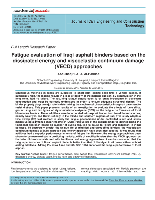 (PDF) Fatigue Evaluation of Iraqi Asphalt Binders based on the ...