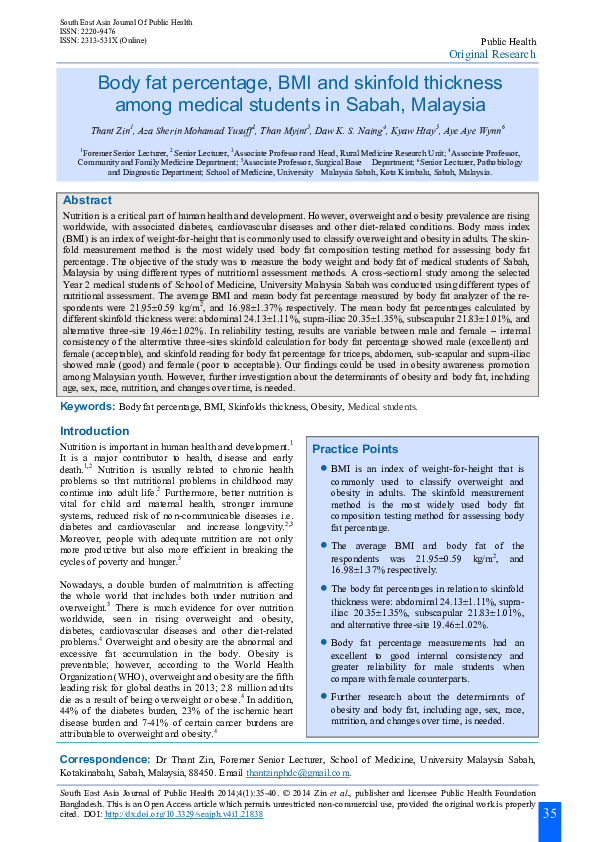 (PDF) Body fat percentage, BMI and skinfold thickness among medical