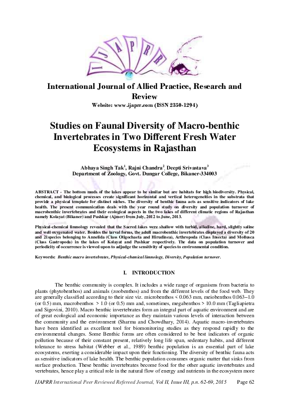 (PDF) Studies on Faunal Diversity of Macro-benthic Invertebrates in Two ...