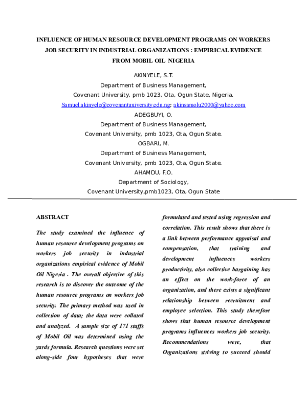 (DOC) INFLUENCE OF HUMAN RESOURCE DEVELOPMENT PROGRAMS ON WORKERS JOB ...
