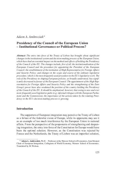 (PDF) The Presidency of the Council of the European Union. Managing the ...