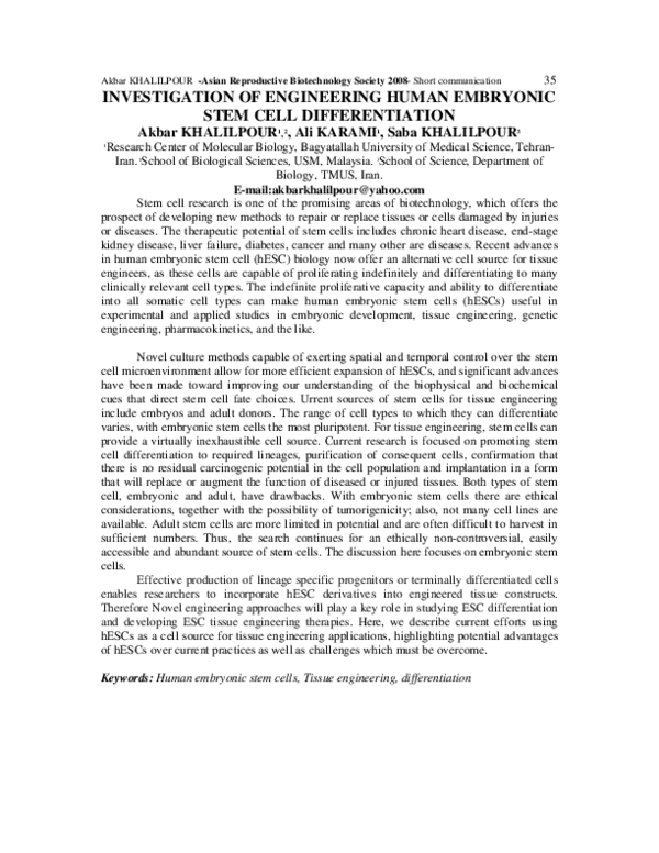 (PDF) INVESTIGATION OF ENGINEERING HUMAN EMBRYONIC STEM CELL ...