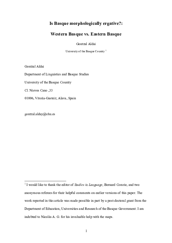 (PDF) Is Basque morphologically ergative? Western Basque vs. Eastern