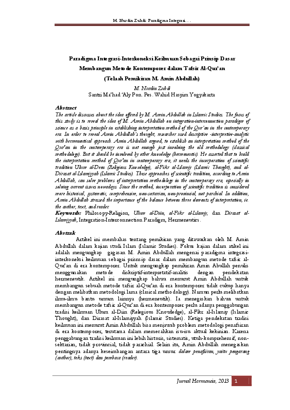 (PDF) Paradigma IntegrasiInterkoneksi Keilmuan Sebagai
