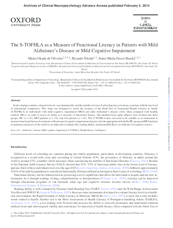 (PDF) The S-TOFHLA as a Measure of Functional Literacy in Patients with ...