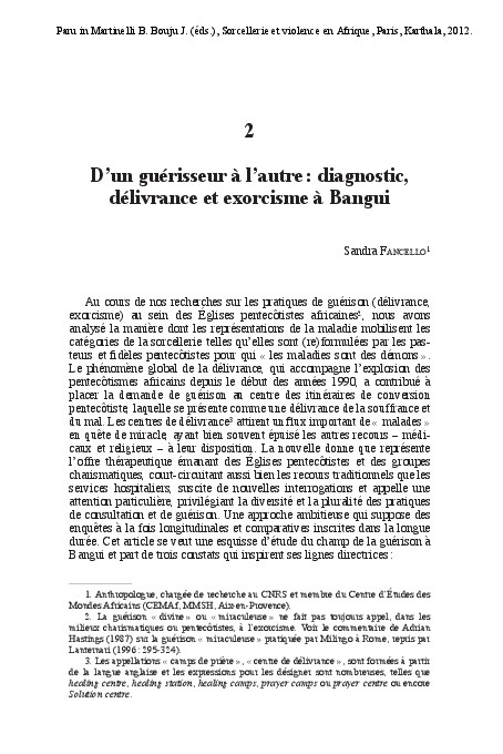 Pdf D Un Guerisseur A L Autre Diagnostic Delivrance Et Exorcisme A Bangui Sandra Fancello Academia Edu