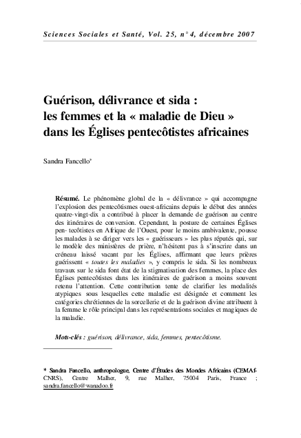 Pdf Guerison Delivrance Et Sida Les Femmes Et La Maladie De Dieu Dans Les Eglises Pentecotistes Africaines Sandra Fancello Academia Edu