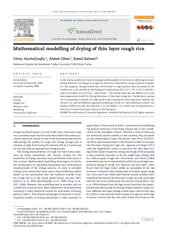 (PDF) Mathematical modelling of drying of thin layer rough rice