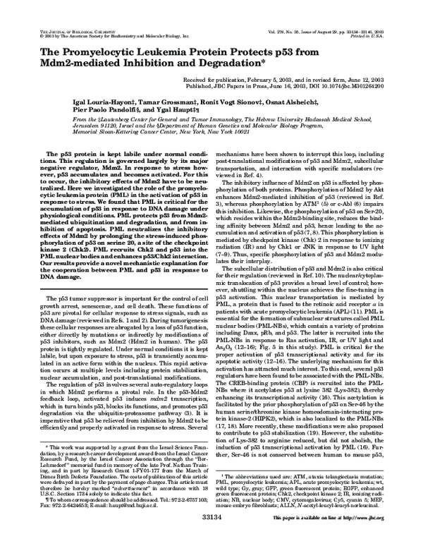(PDF) The Promyelocytic Leukemia Protein Protects p53 from Mdm2 ...