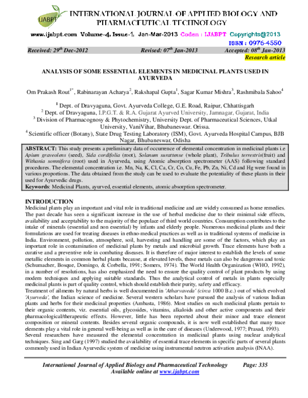 ANALYSIS OF SOME ESSENTIAL ELEMENTS IN MEDICINAL PLANTS USED IN AYURVEDA