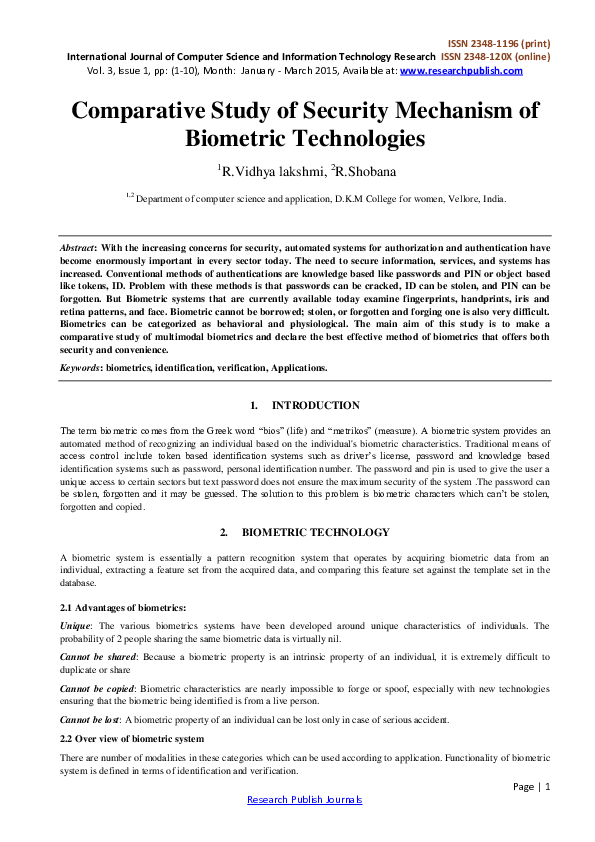 (PDF) Comparative Study of Security Mechanism of Biometric Technologies