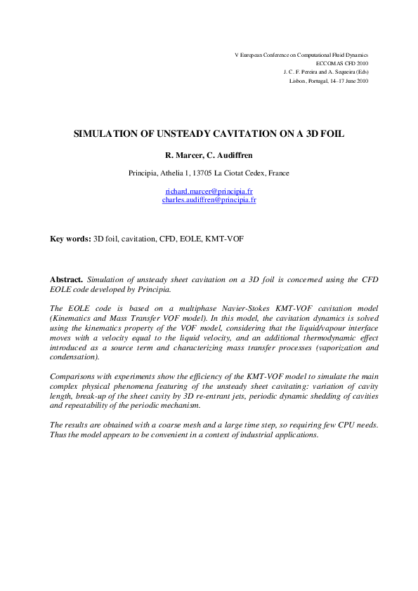 (PDF) Simulation of unsteady cavitation on a 3D foil
