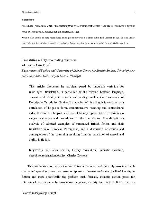 (PDF) Rosa, Alexandra Assis. 2015a. "Translating Orality, Recreating