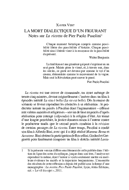 Pdf La Mort Dialectique D Un Figurant Notes Sur La Ricotta De Pier Paolo Pasolini Xavier Vert Academia Edu