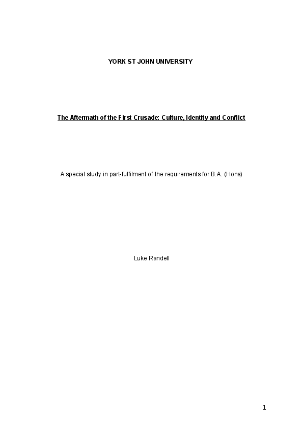 The Aftermath of the First Crusade: Culture, Identity and Conflict 