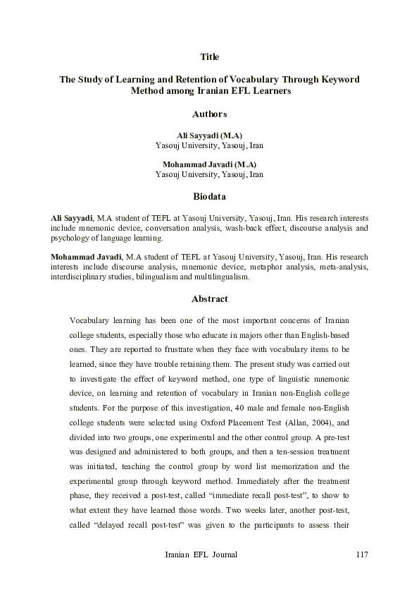 (PDF) The Study of Learning and Retention of Vocabulary Through Keyword ...