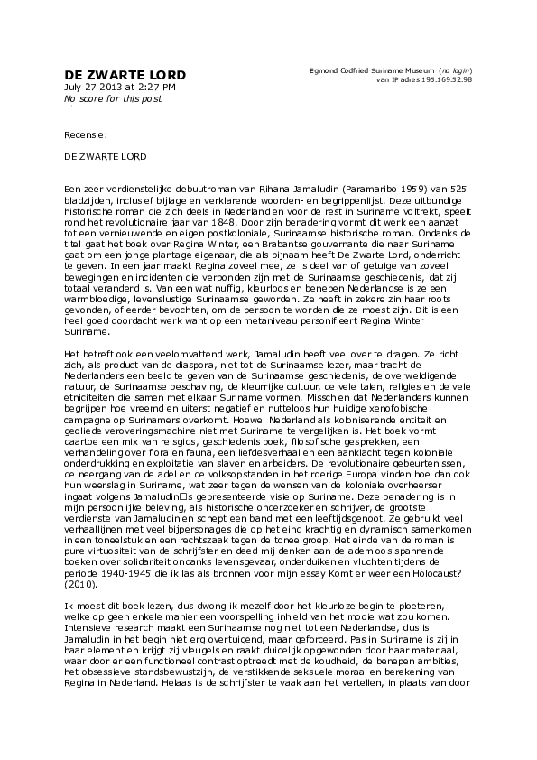 (DOC) RECENSIE DE ZWARTE LORD DOOR RIHANNA JAMALUDDIN Egmond Codfried